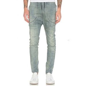 LOVE UGLY Jeans Mens Medium Blue Acid Wash Harem Style Elastic Waist Zip Ankle